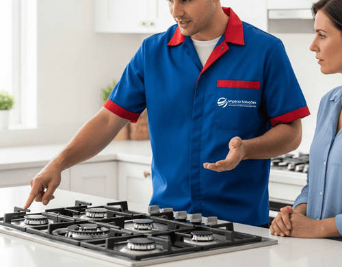 Técnico da Império Soluções e Gás, auxiliando a cliente após venda e instalação do Cooktop