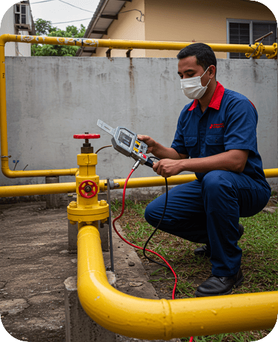 Técnico da Império Soluções e Gás, anlisando uma tubulação de gás.